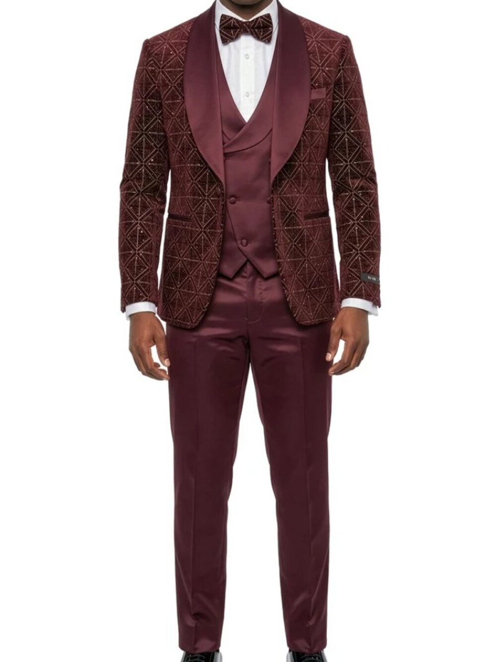 Burgundy Velvet Sequin Satin Shawl Lapel 3 Piece Skinny Fit Men's Fashion Suit